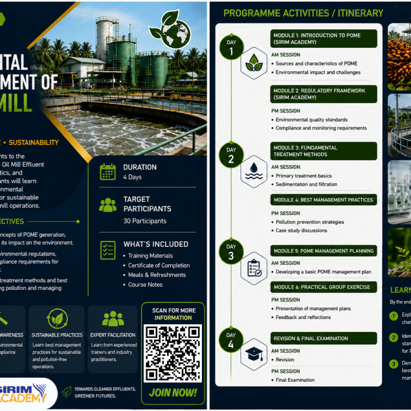 SIRIM Certified: Basic Course for Certified Environmental in the Treatment of Palm Oil Mill Effluent